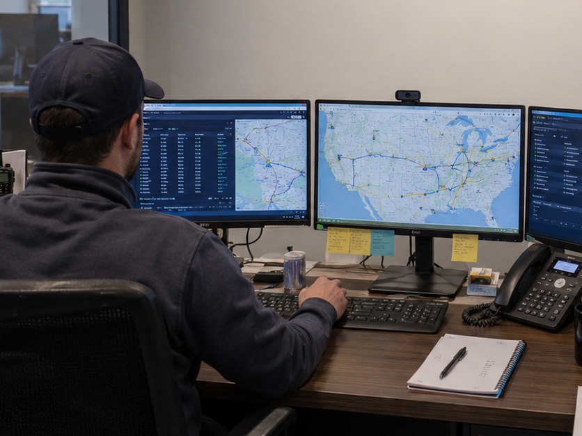 Logistics operations desk with shipment route monitors and freight tracking screens.