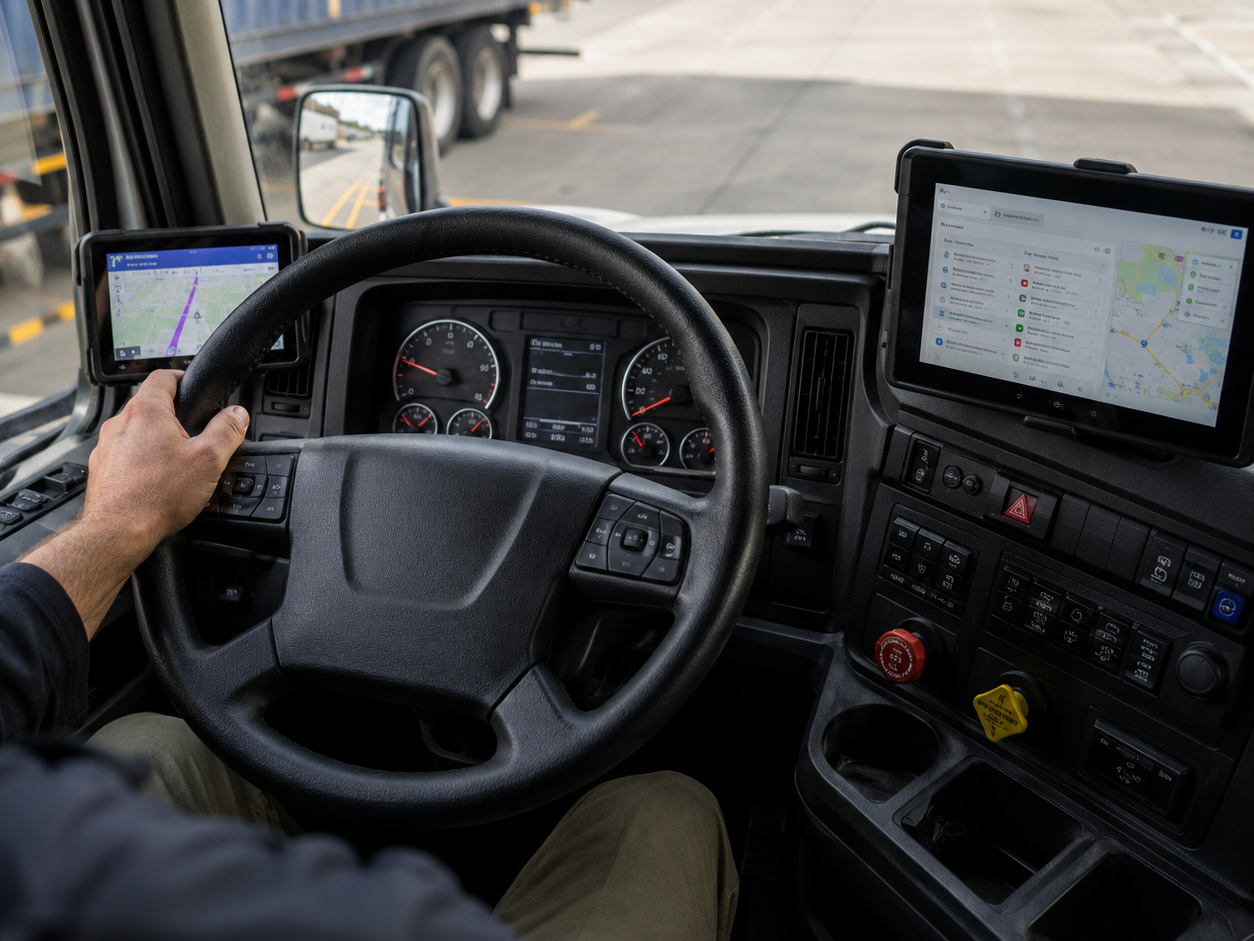 Semi-truck cab interior showing dashboard technology, GPS, and tablet equipment.